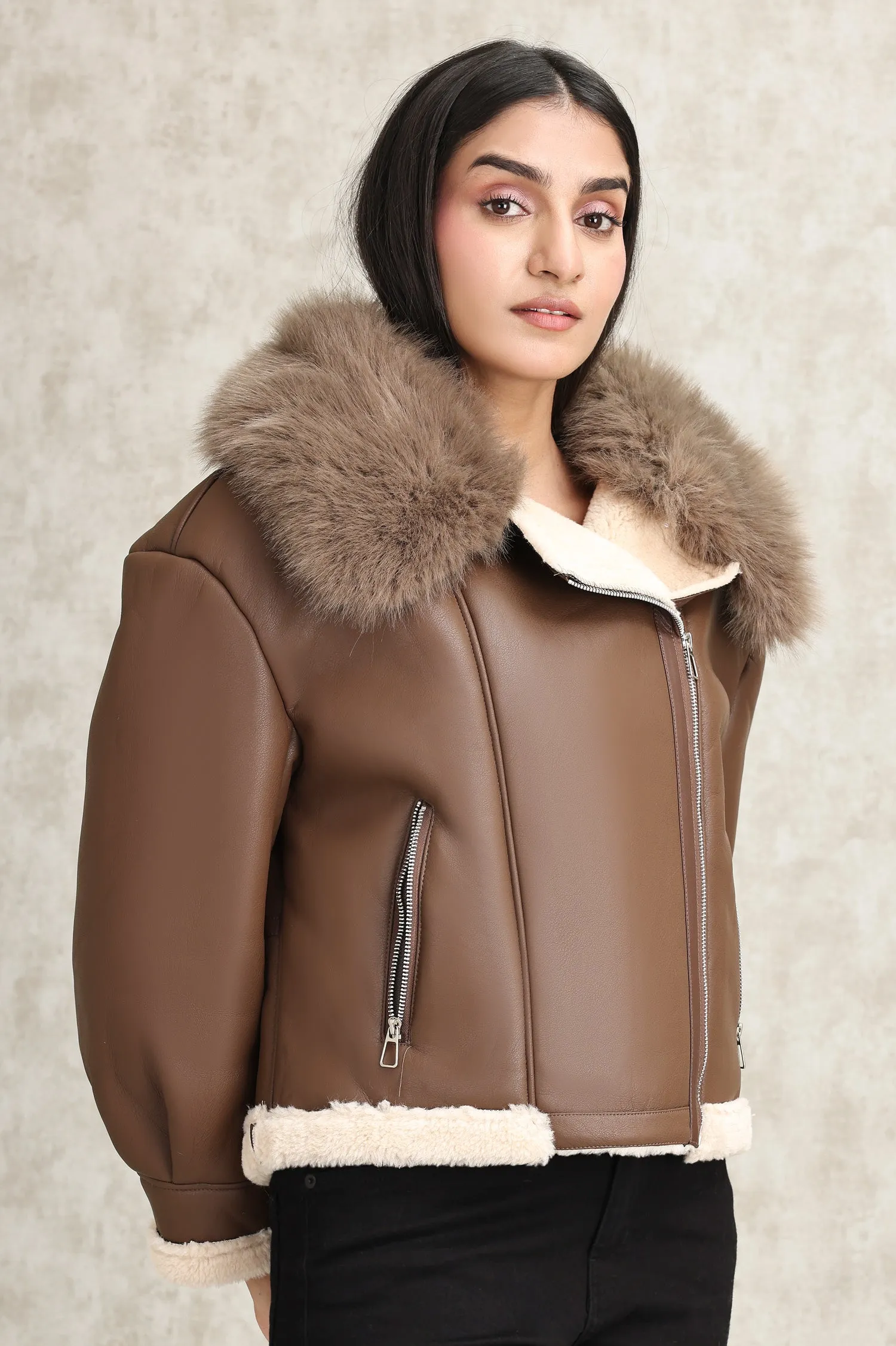 SHEARLING AVIATOR JACKET-COFFEE