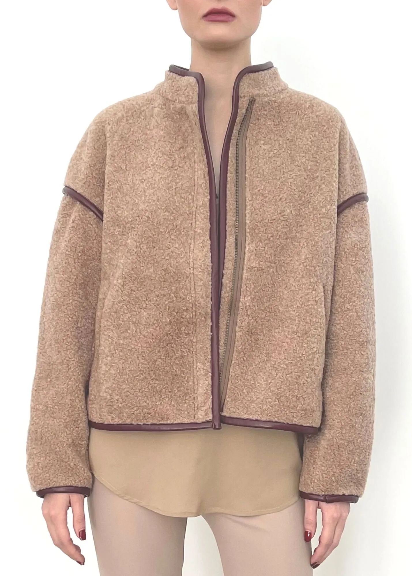 Shearling Zip Jacket with Vegan Leather Trim - TILLIE