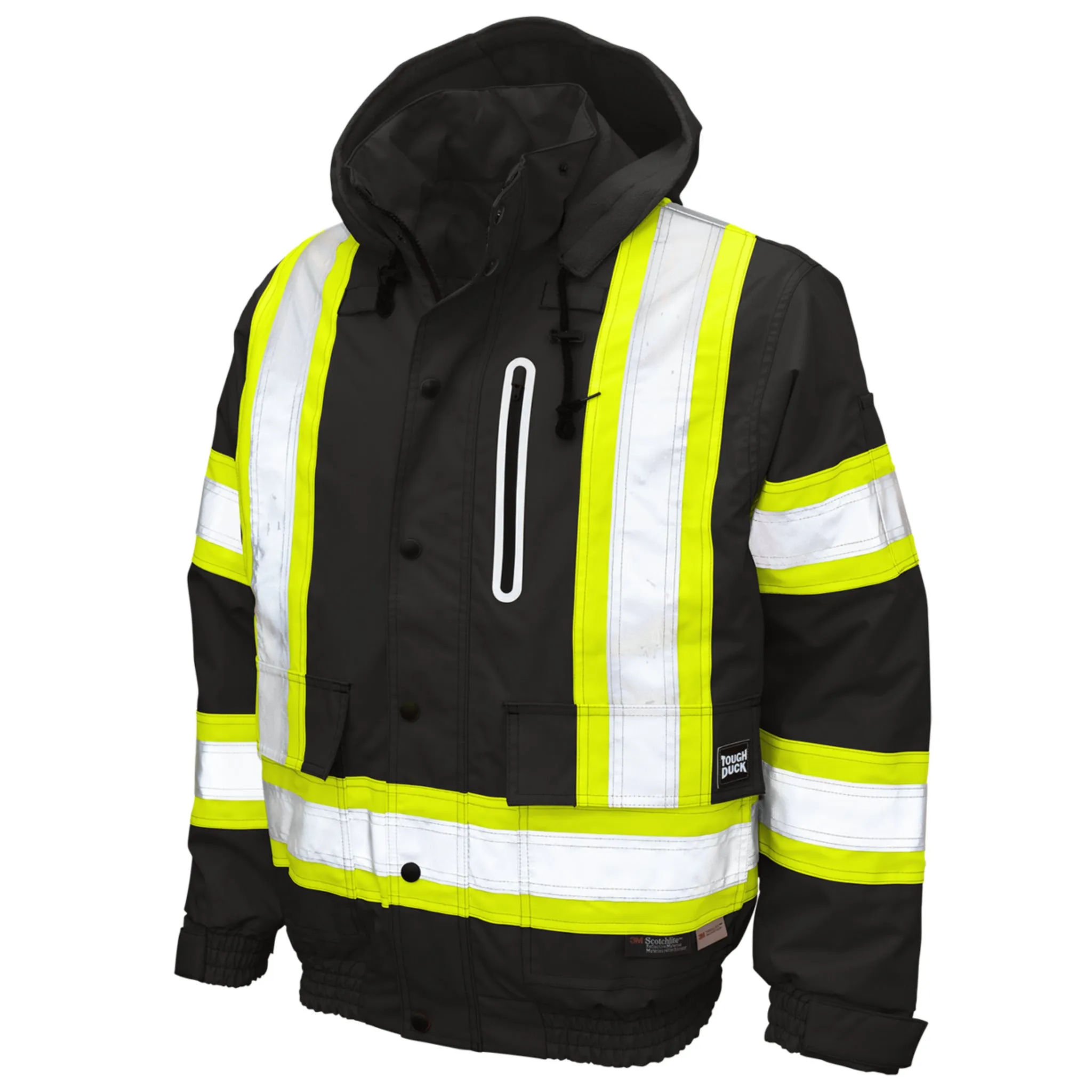 Tough Duck Men's Hi Vis Safety Bomber Jacket SJ20 - CSA Poly/PU, 300D Ripstop, Insulated, Waterproof, Breathable, Reflective, Adjustable, Durable Workwear | Sizes XS-5XL