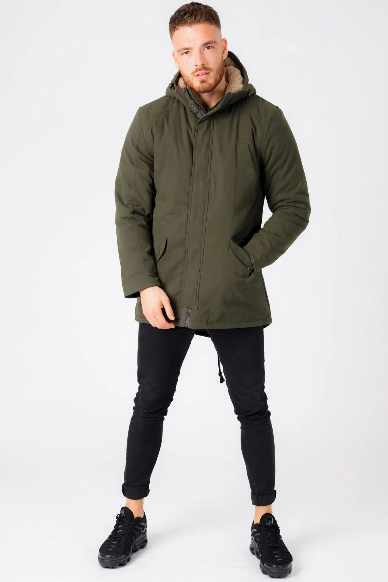 Welker Borg Lined Hooded Parka Coat with Fishtail Hem in Rosin Green - Tokyo Laundry