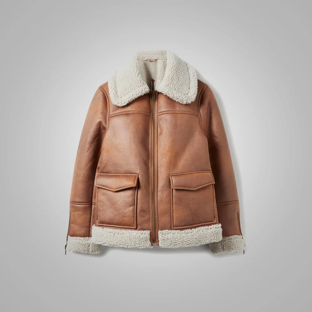 Women Brown Sheepskin Shearling Leather Aviator Jacket