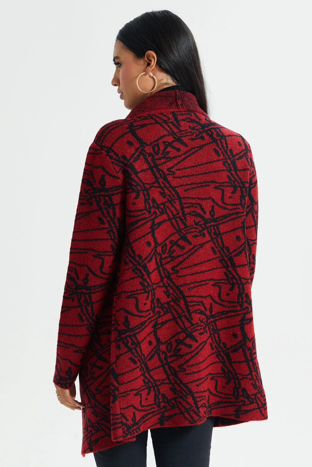 Women Red And Black Printed Longline Knitted Cardigan