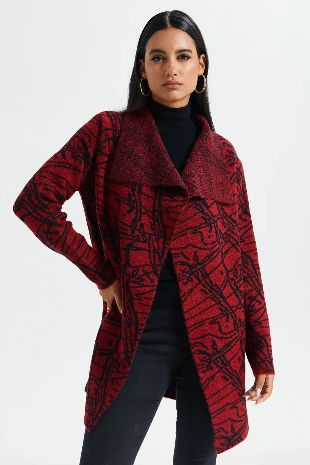 Women Red And Black Printed Longline Knitted Cardigan