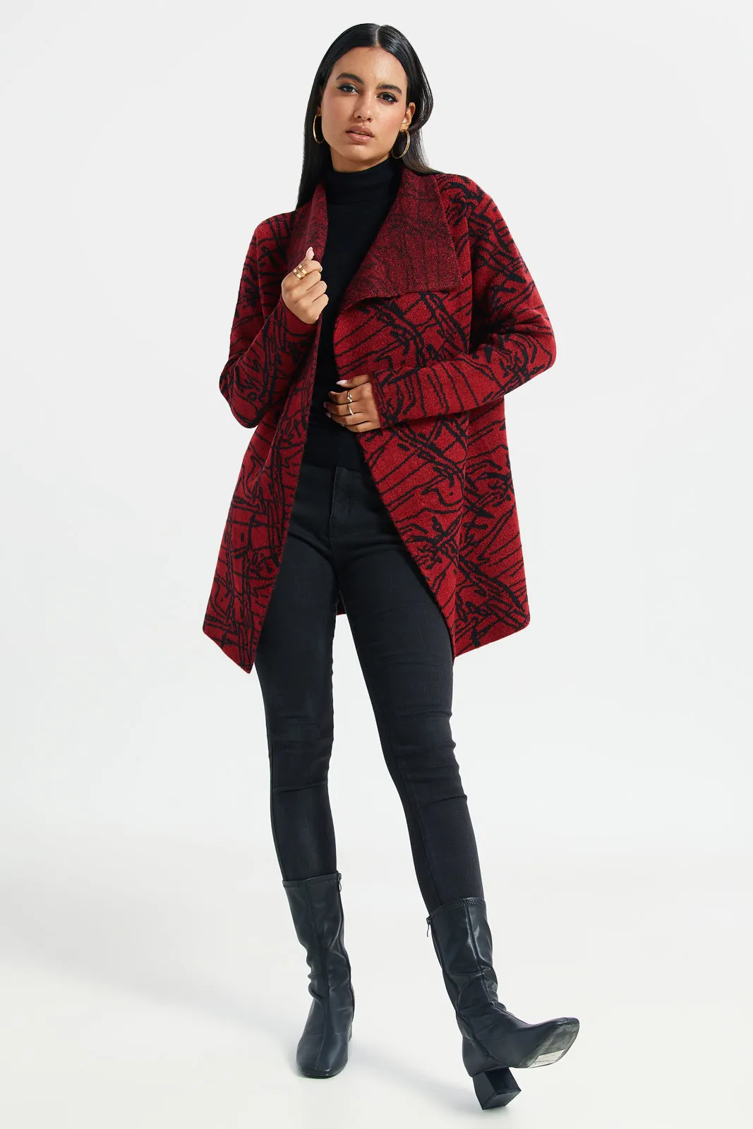 Women Red And Black Printed Longline Knitted Cardigan