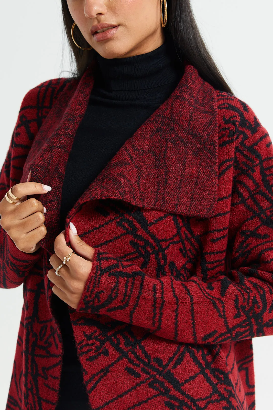 Women Red And Black Printed Longline Knitted Cardigan