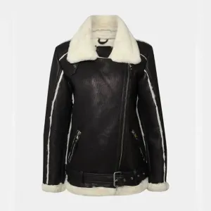 WOMEN’S BLACK OVERSIZED SHEARLING LEATHER JACKET