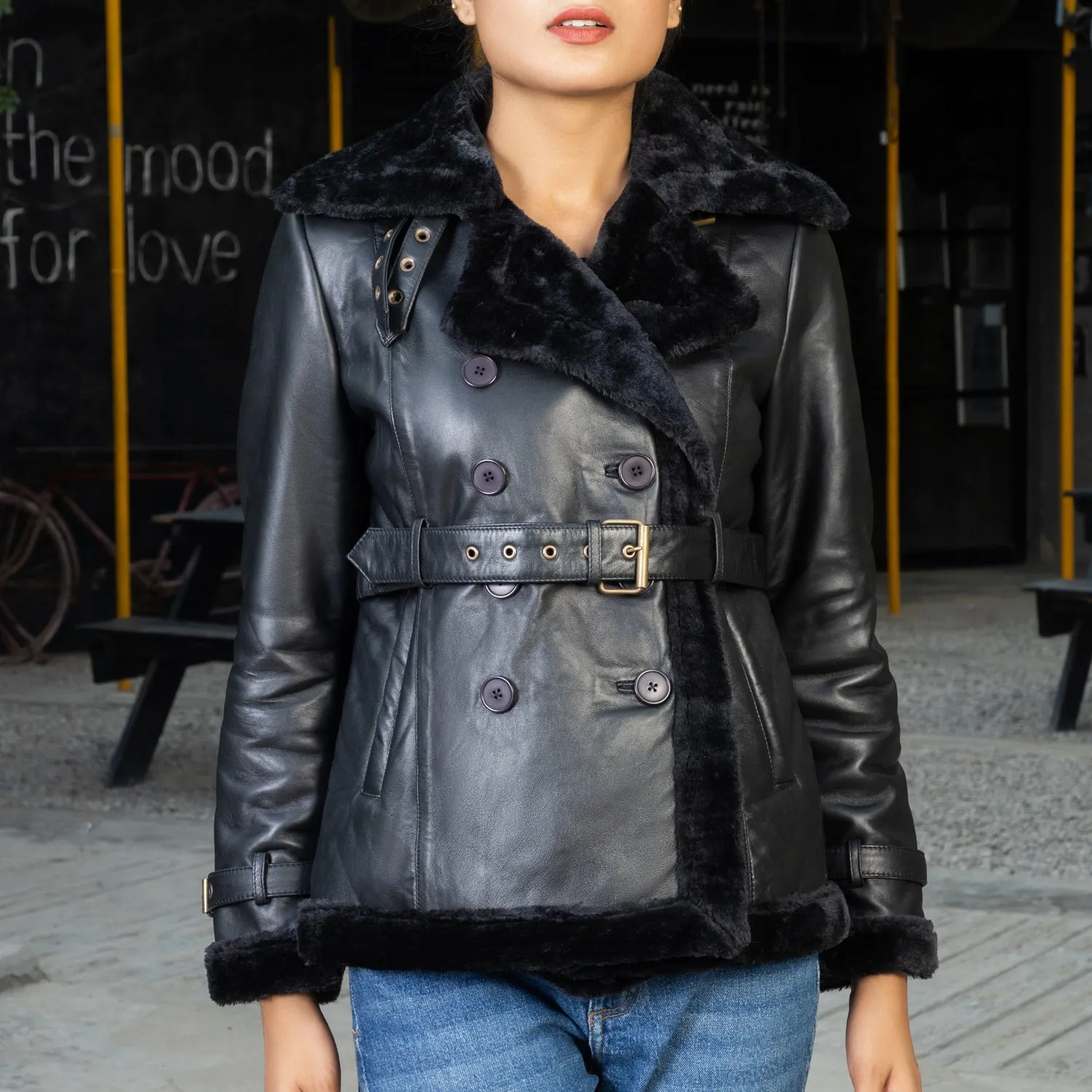 Women’s  Double Breasted Real Shearling Leather Jacket