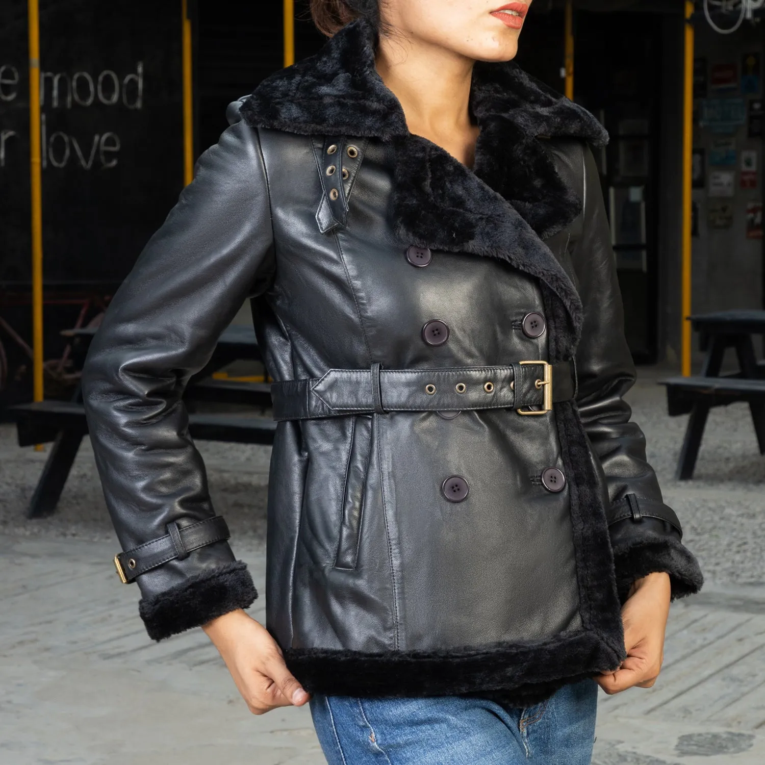 Women’s  Double Breasted Real Shearling Leather Jacket