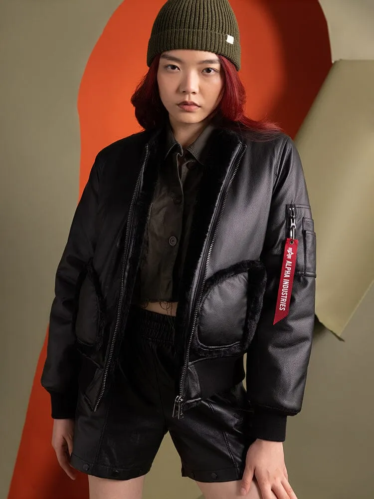 WOMEN'S REVERSIBLE FAUX LEATHER MA-1 BOMBER JACKET