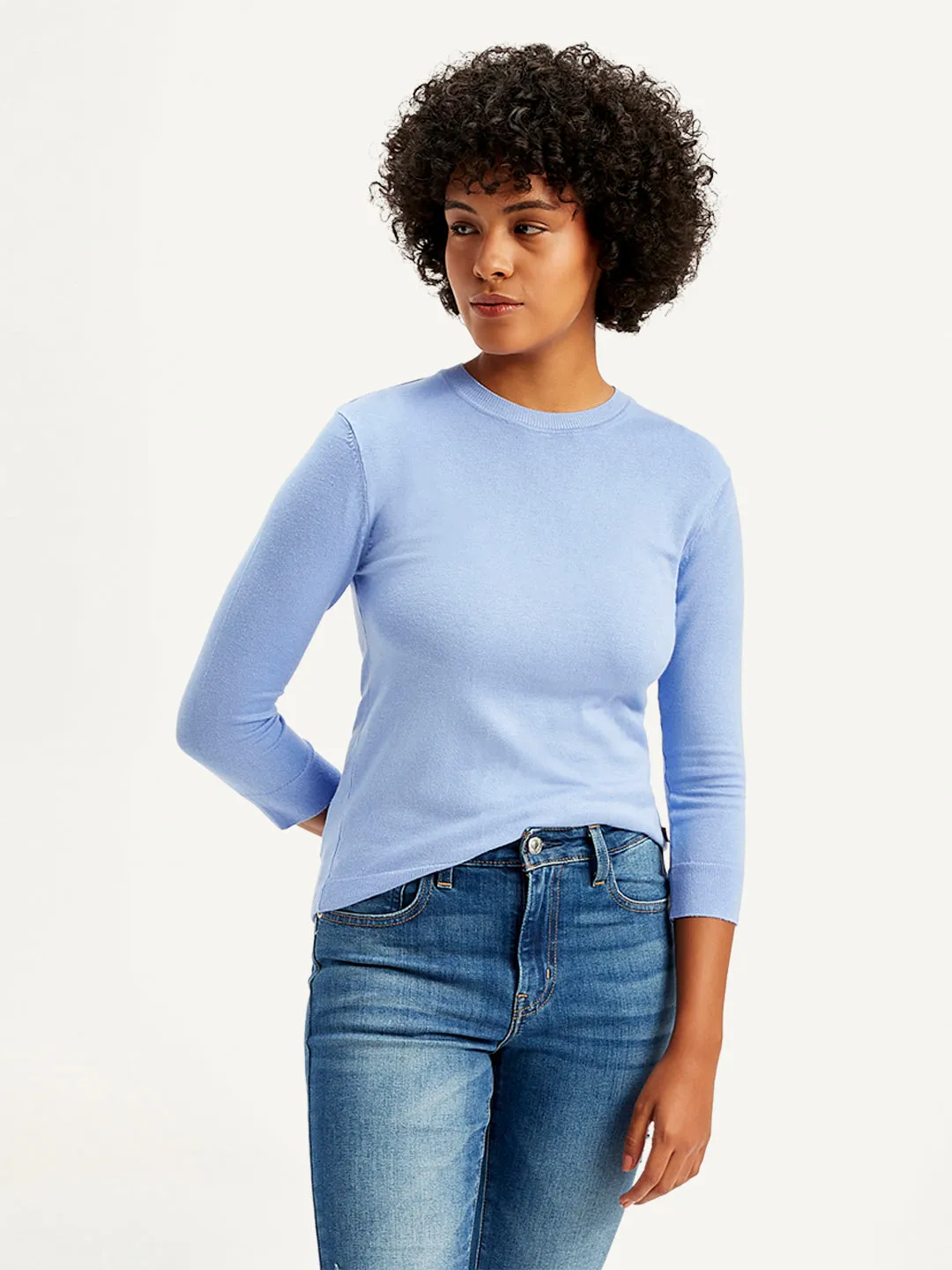 Women's Solid Light Blue Crew Neck Sweater