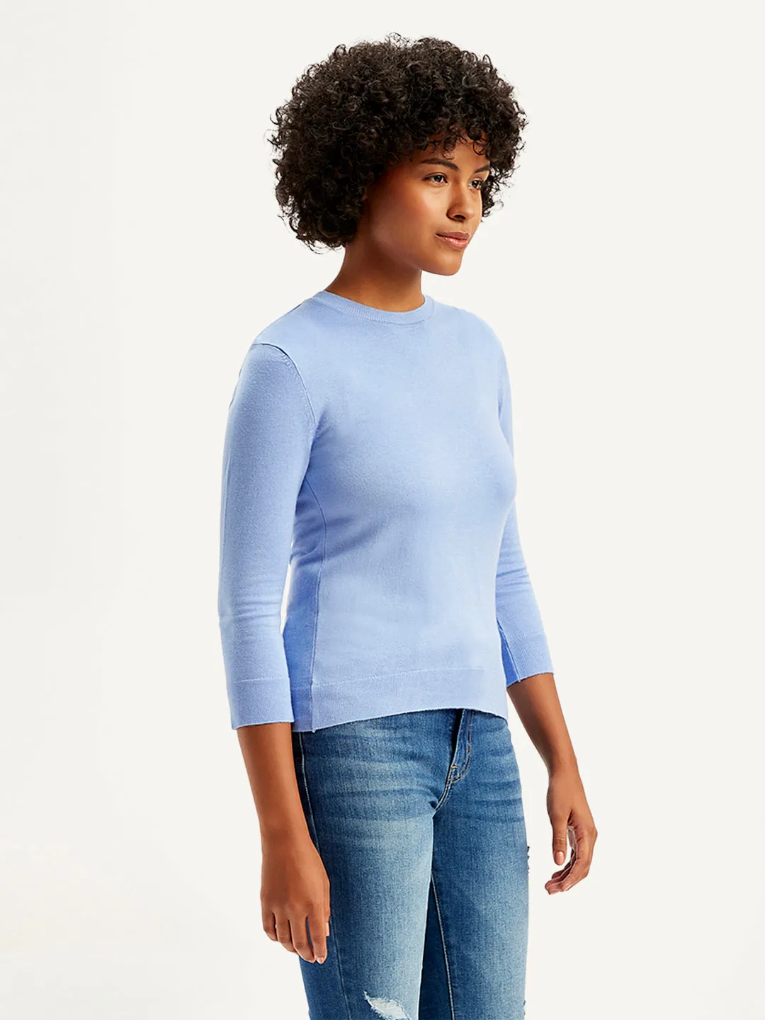 Women's Solid Light Blue Crew Neck Sweater